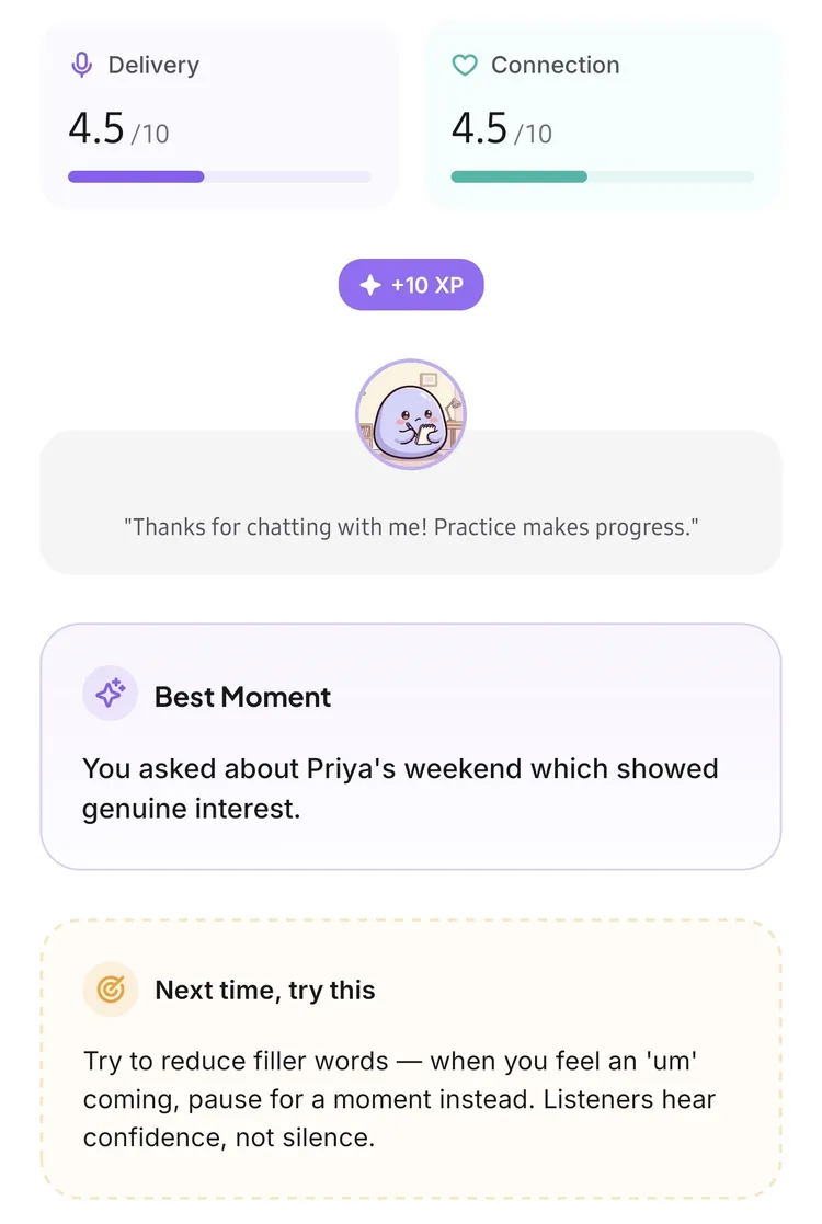 Session results showing Best Moment and Next Time coaching feedback