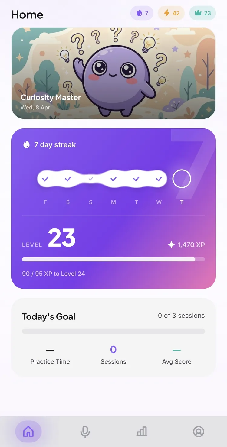 Sation home screen showing streak, level, and daily goal