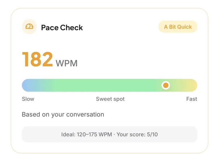 Pace Check insight card showing 182 WPM with a visual gauge